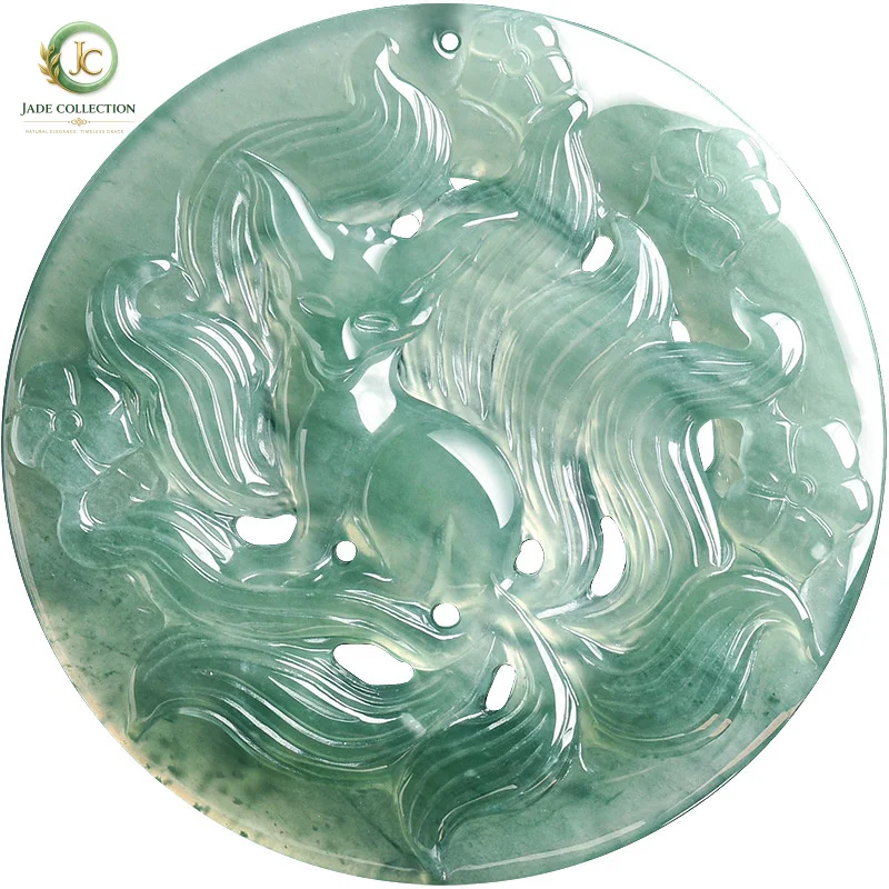 Genuine and naturalAGenuine Emerald Blue Water Fox Nine-Tailed Fox Pendant Ice Jade Men's Pendant Women's Jade Ornament