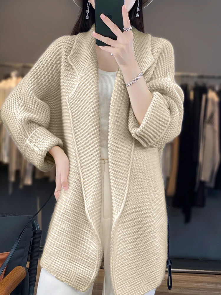 100% Merino Wool Women\'s Cardigans Sweater   Autumn Winter Thick Warm Casual O-neck Cashmere Knitted Long Coat Korean Fashion