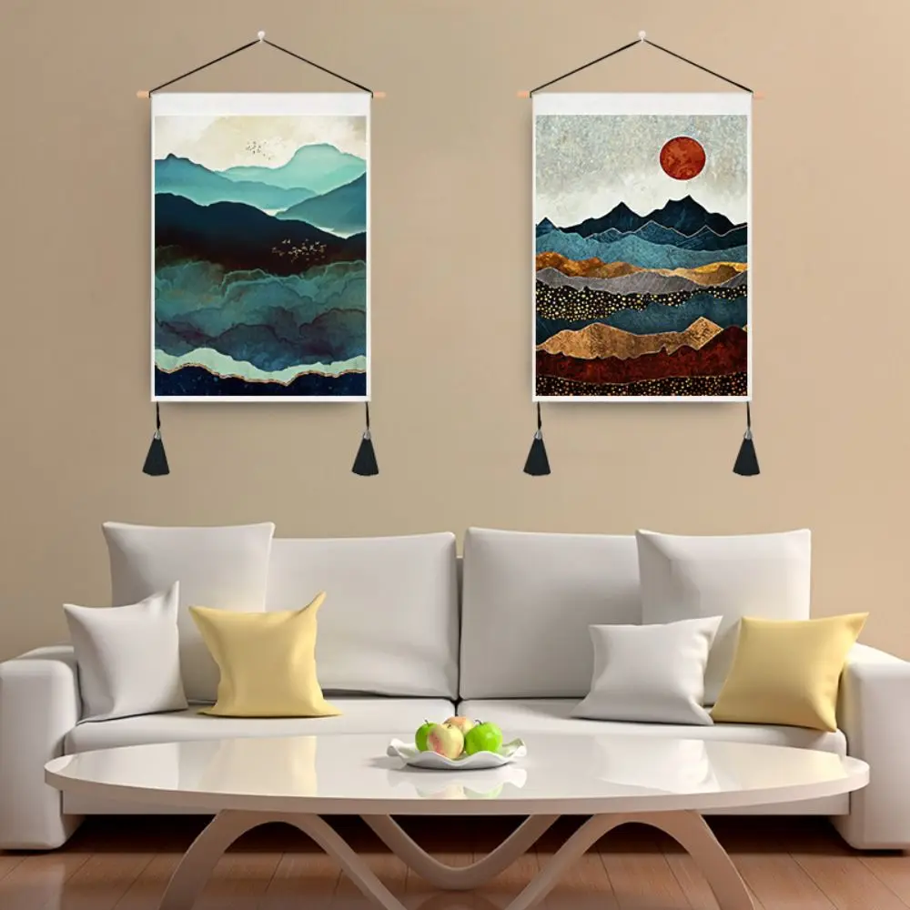 with Tassel Sunrise Landscape Tapestry Hanging with Wooden Stick Ins Boho Mountain Tapestry Antique Nordic Style Art Tapestry