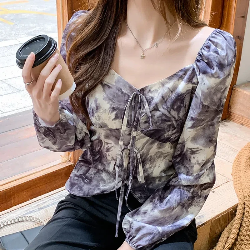 Women's Blouse Autumn New Pullovers Square Collar Pleated Puff Sleeve Stylish Slim Aesthetic Unique Spliced Lacing Shirt Tops