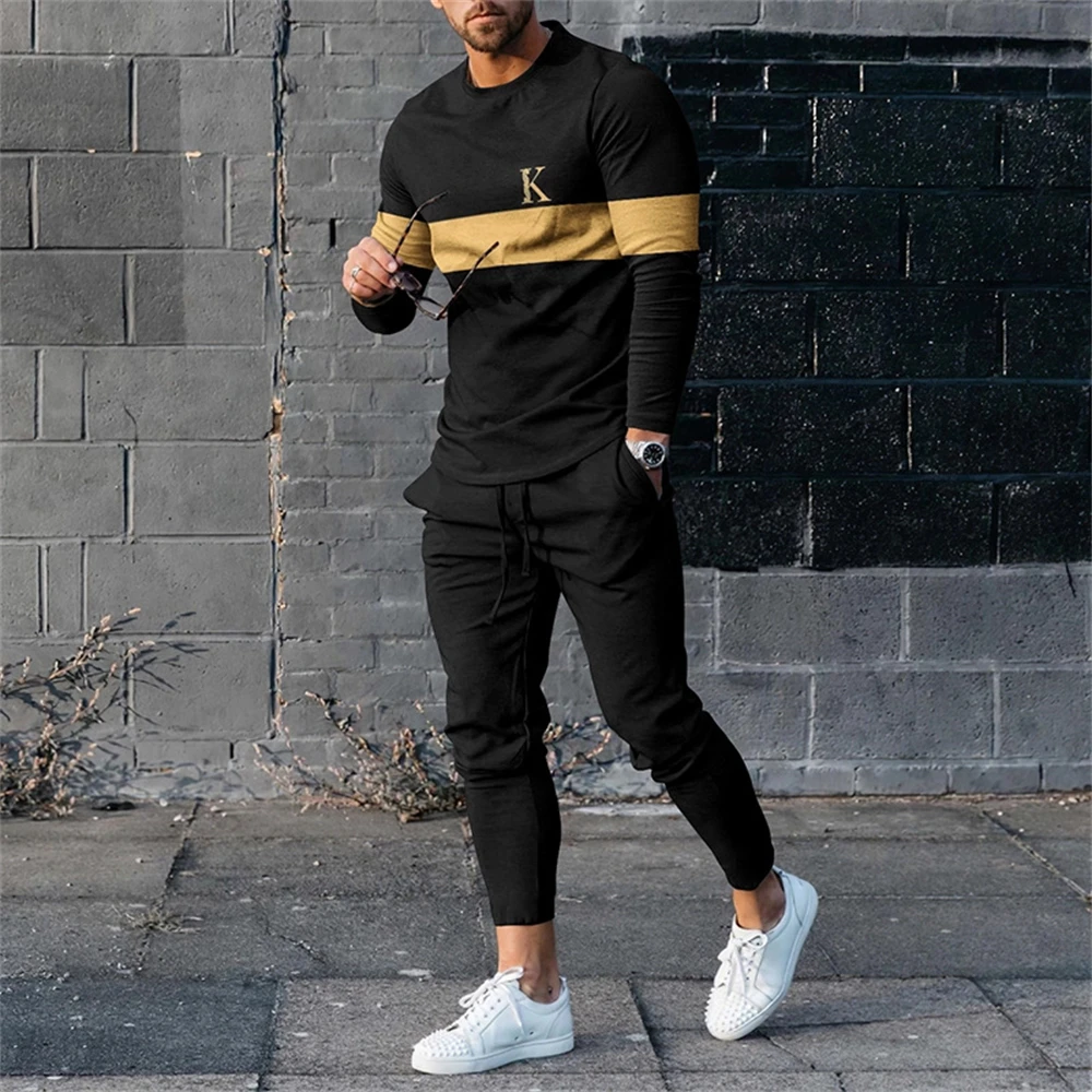 Men Long Sleeve T Shirt Pants Tracksuits 2 Piece Sets Sweatshirt Sweatpants Suits Print Tops Trousers Sportswear Men\'s Clothing