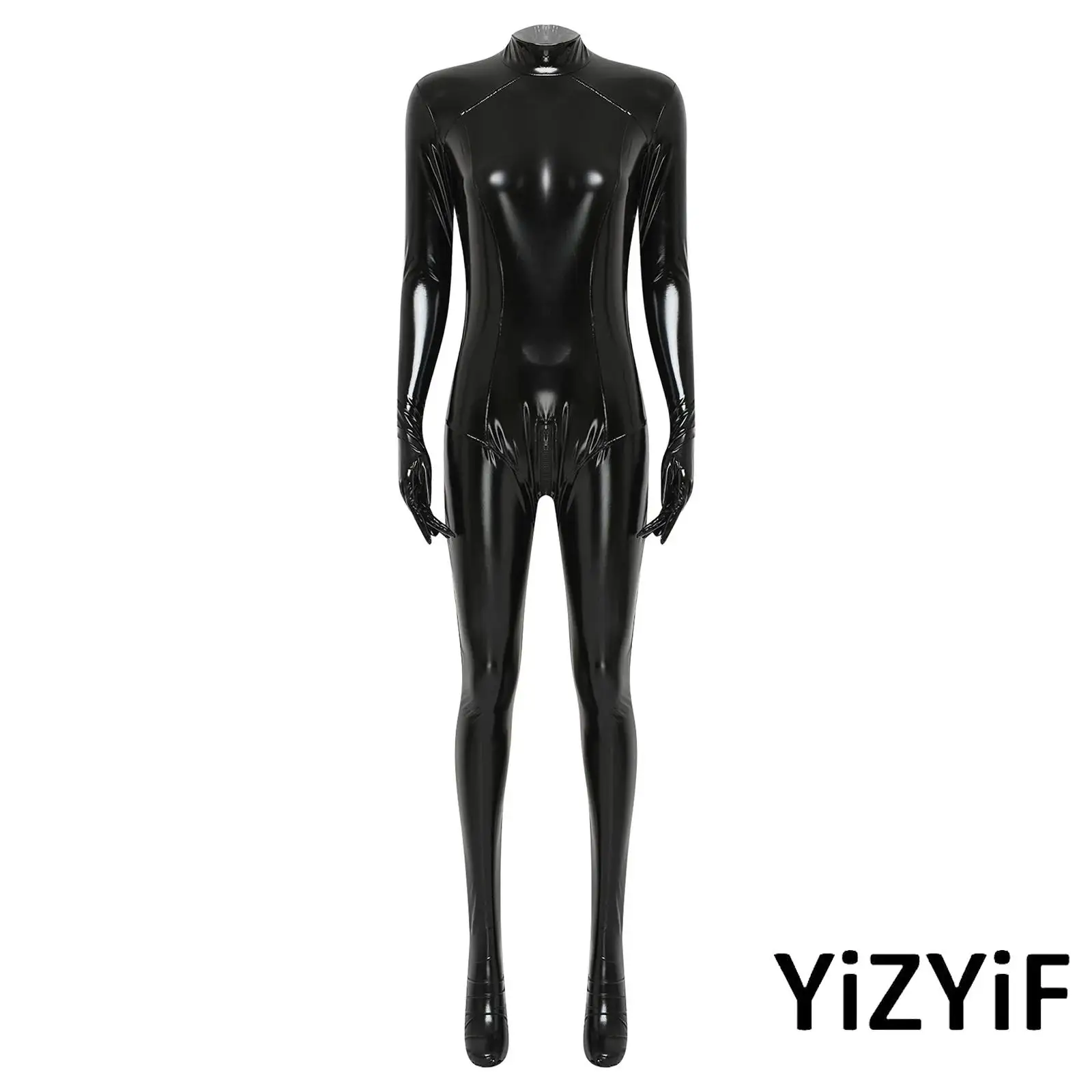 

Womens Edgy Faux Leather Catsuit with Gloved Sleeves Openable Crotch Full Body Unitard with Footed Leggings for Nightclub Wear