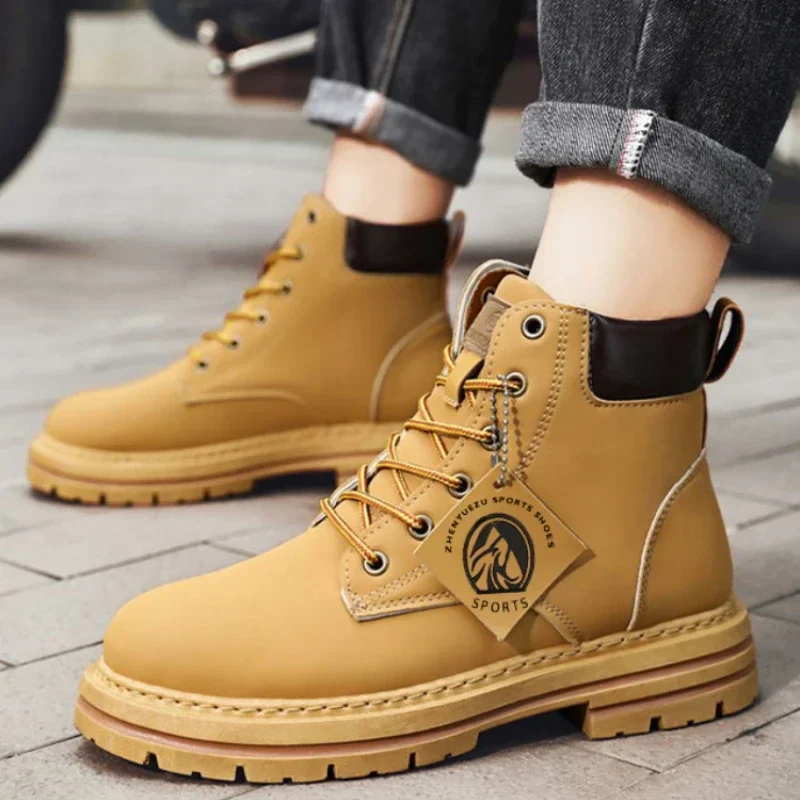 High Top Boots Men\'s Leather Shoes Fashion Outdoor Ankle Boots for Men Lace-Up Comfortable Male Boots Non Slip Flat Boot Botas