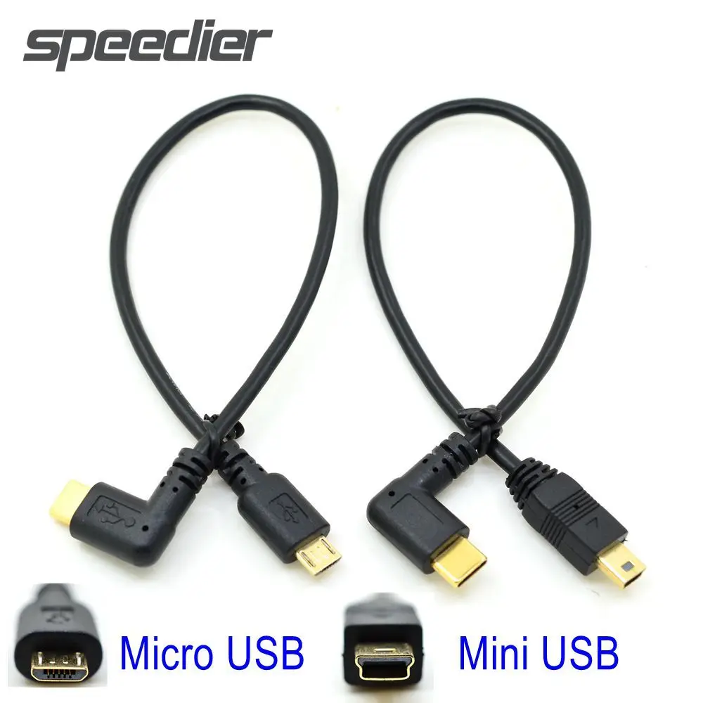 25cm ângulo direito micro/mini usb c cabo 5pin usb3.1 tipo c macho para mini micro usb 2.0 macho otg sincronização de dados cabo de carregamento conversor