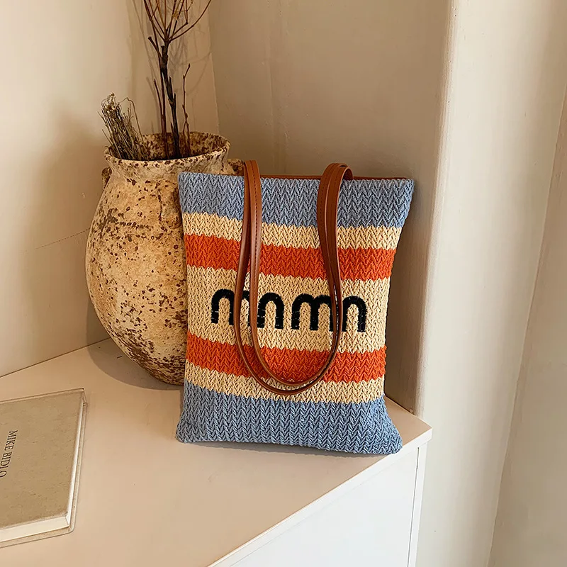 2025 New Seaside Beach Straw Woven Bag for Women,single-shoulder Light Luxury, Large-capacity, Color-blocking Hand-held Tote Bag