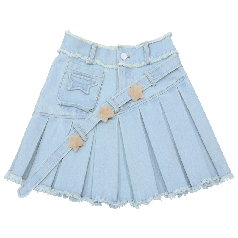 Mini jupe plissée en denim à ruban Xingx pour femme, jupe taille haute, coupe couvertes, ligne A élégante, douce, girly, nouvelle mode, été, Y2K