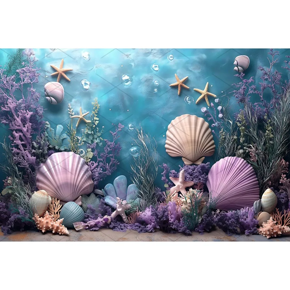 Toile de fond d'anniversaire sous la mer, thème du monde sous-marin, coquille d'étoile de mer, arrière-plan de photographie, décor de fête prénatale pour enfants