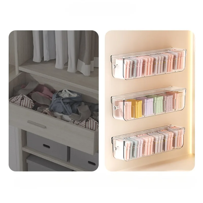 Wall Mounted Self Adhesive Underwear Storage Box Large Capacity Transparent Socks Underwear Drawers Dividers Organizer