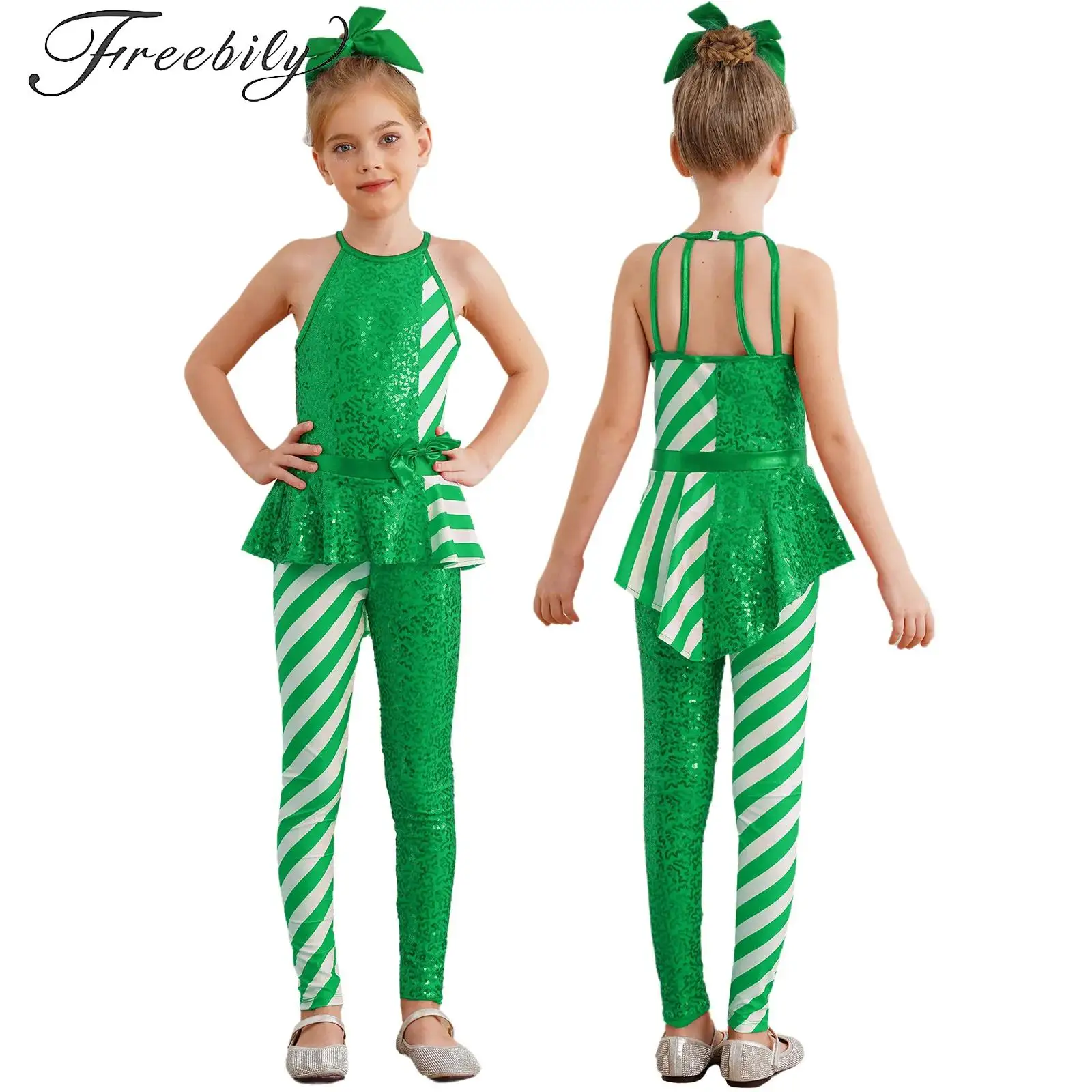 

Striped Miss Santa Claus Dance Costume Candy Cane Sequins Gymnastics Leotard Tutu Skirts Jumpsuit Unitard Christmas Dance Wear