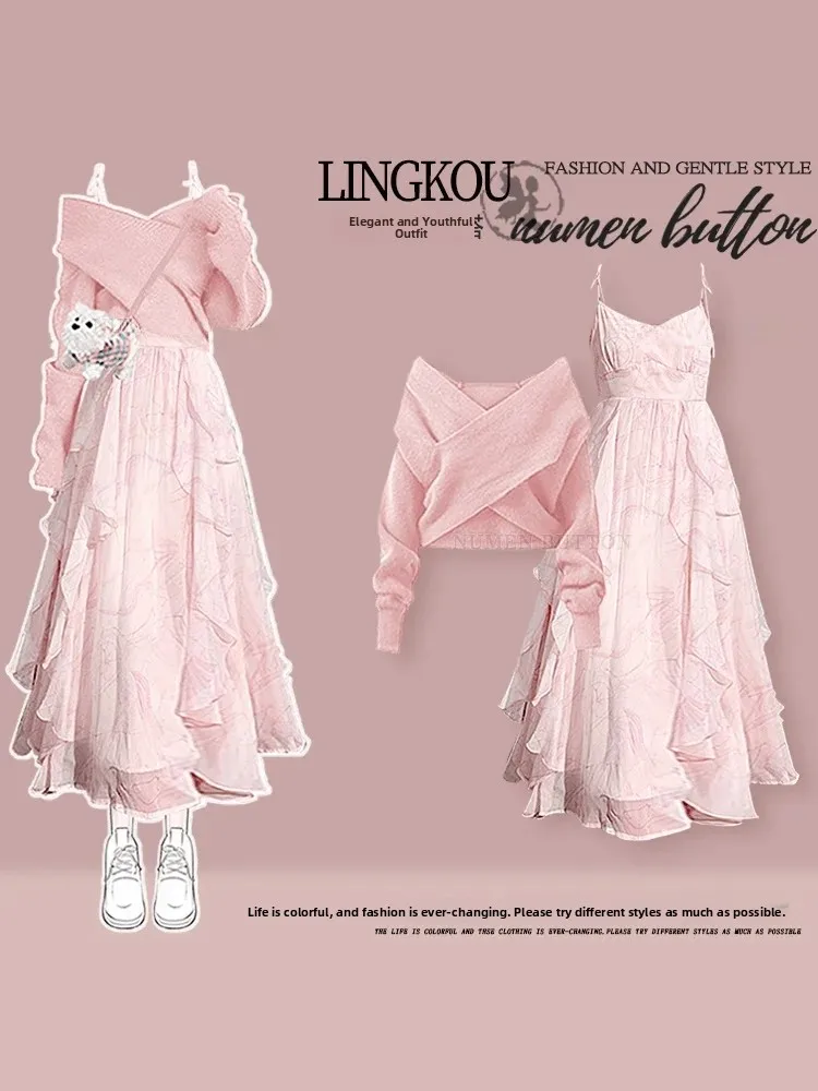Women's Spring Autumn Travel Outfit Set Gentle Style Ageless Knitwear Irregular Halter Dress Two-Piece Set Comfortable Breath...