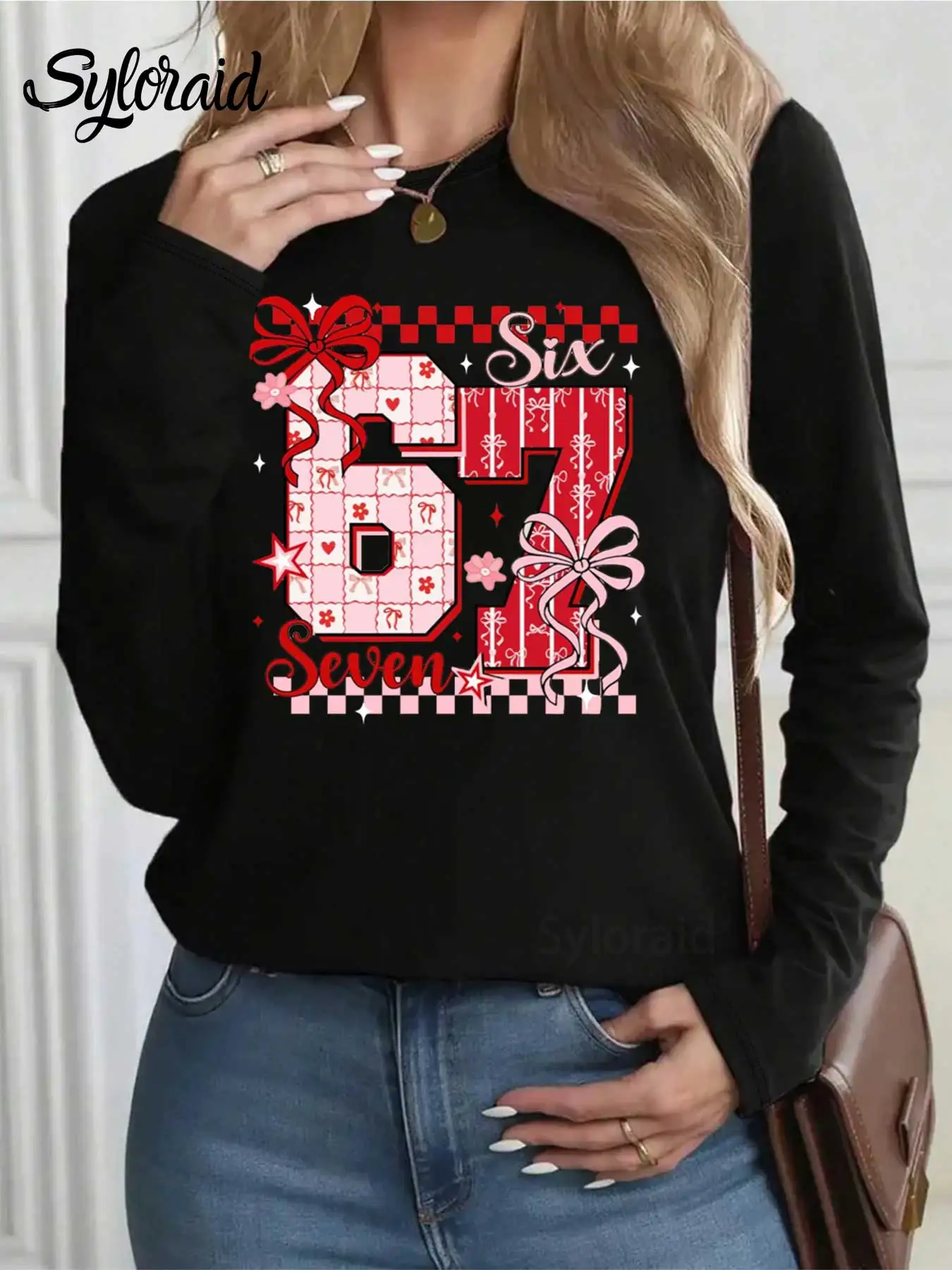 여성용 긴 소매 티셔츠 핑크 웃긴 식스 세븐 꽃무늬 리본 프린트 티셔츠 패션 라운드 넥 캐주얼 탑