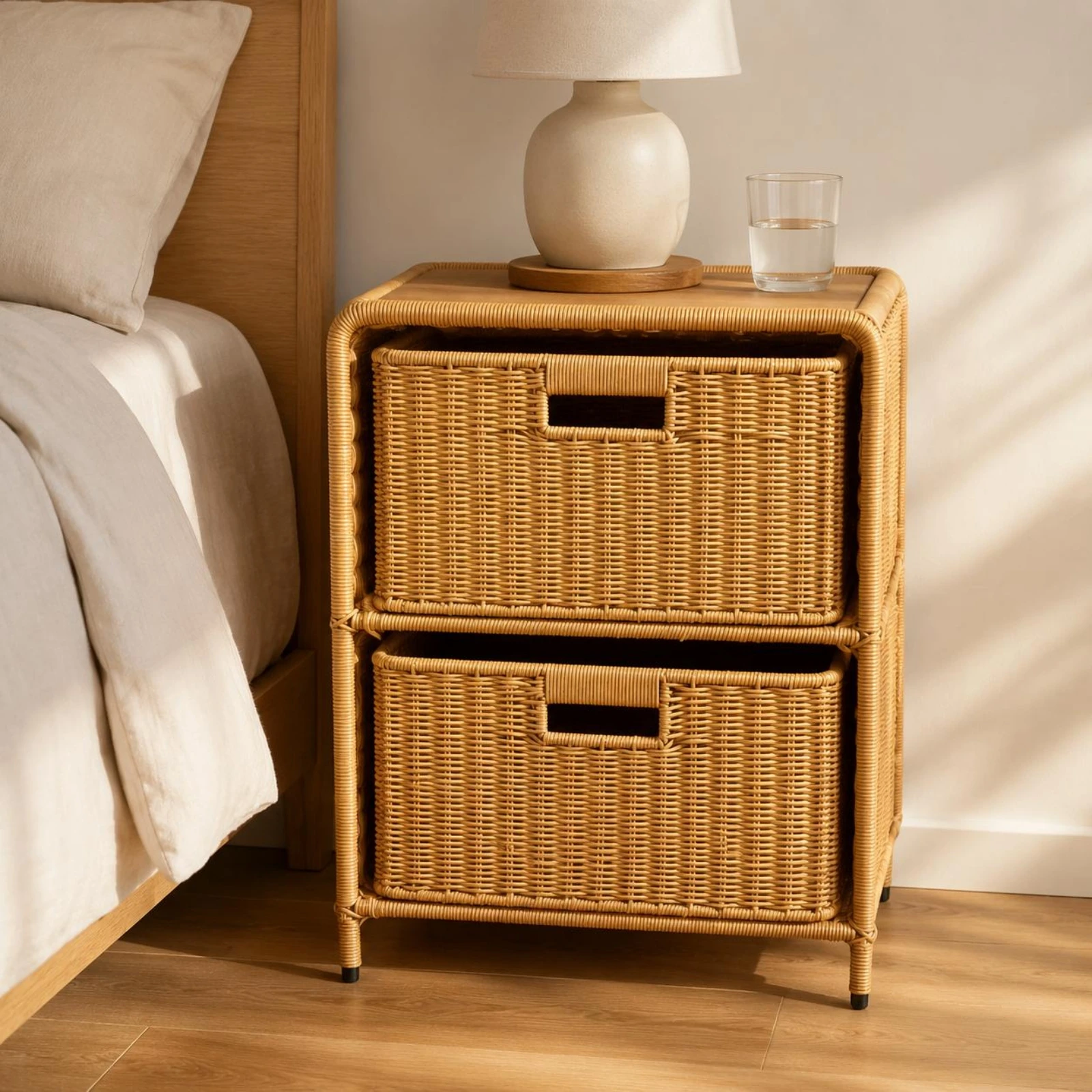 table-de-chevet-en-rotin-avec-poignees-integrees-meuble-de-chambre-tresse-bords-arrondis-organisateur-domestique-pieds-courts