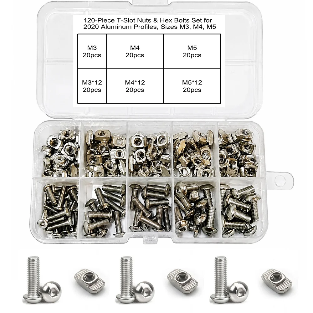120-Pcs T-Slot Nuts  Hex Bolt Set for 2020 Aluminum Profiles, Suitable for All Series Industrial Aluminum Extrusions