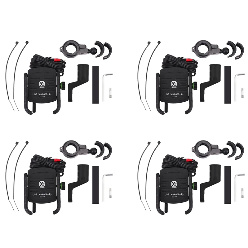 

4X Kewiq QC3.0 USB Fast Charging Aluminium Alloy Motorcycle Phone Holder With USB Charger 360 Degree Rotate