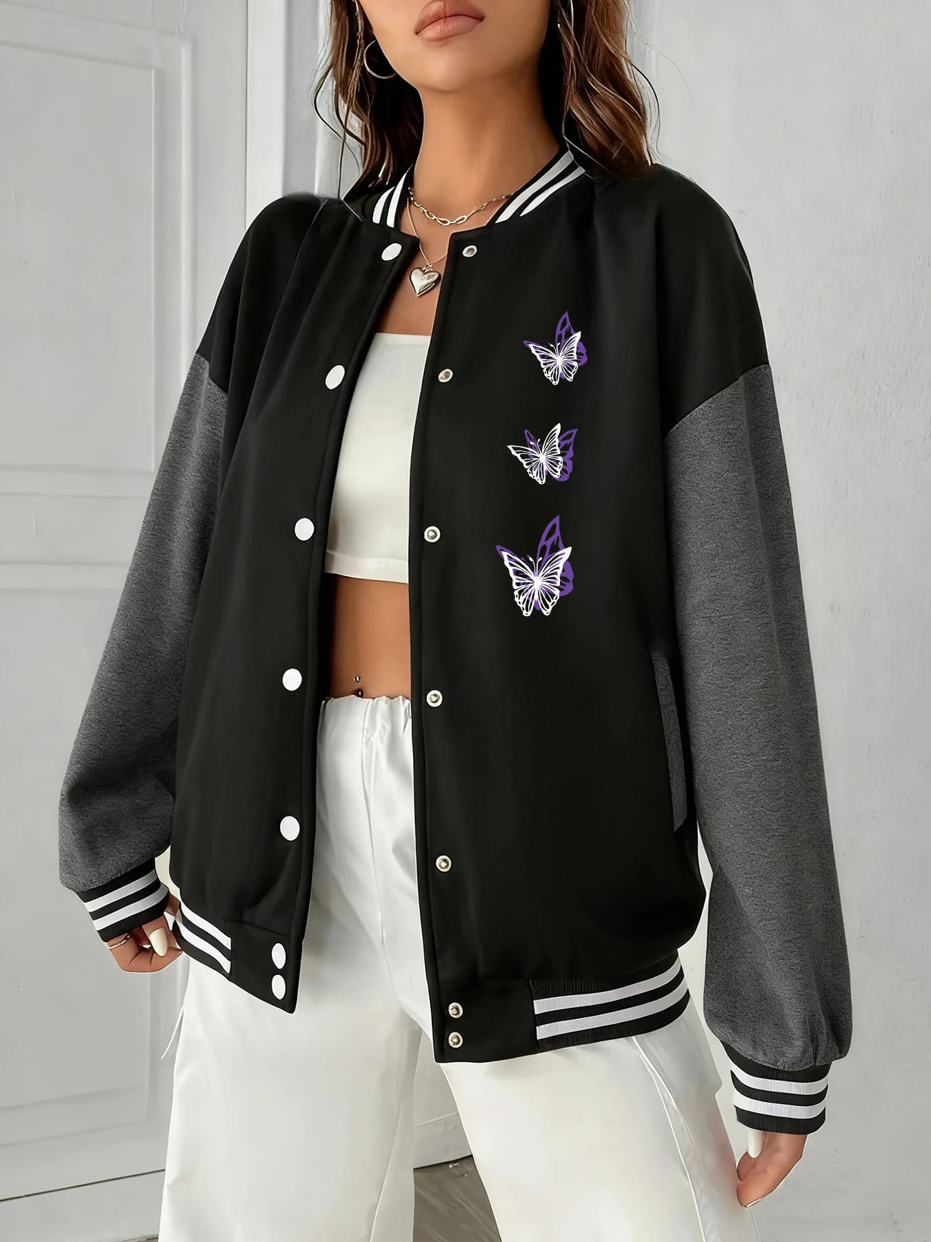 

Purple Butterfly Cluster Casual Womens Baseball Jacket Hip-Hop Street Loose Coats Winter Warm Fleece Clothing Oversized Jackets