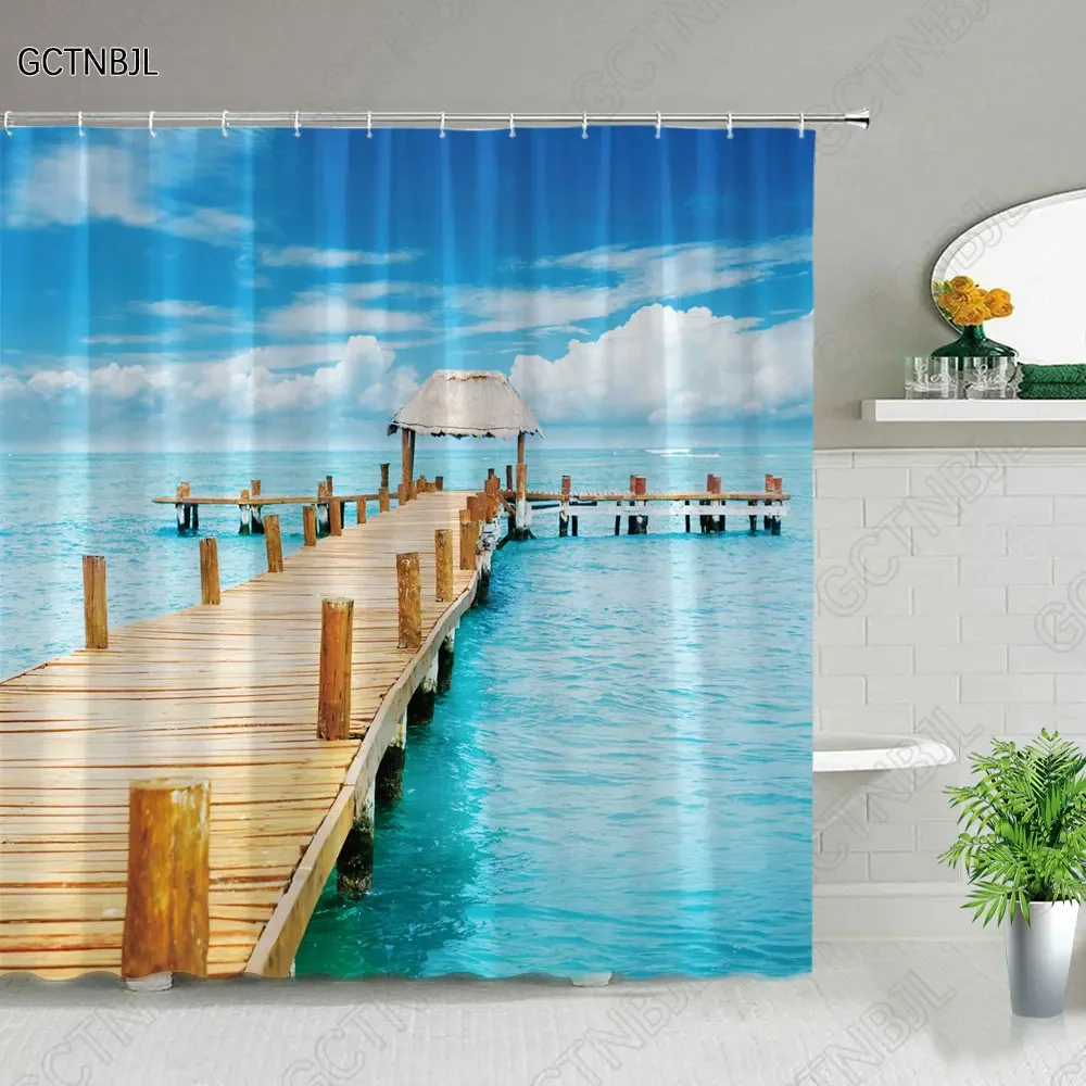 Palm Tree Ocean Animal Scenery Shower Curtains Beach Dolphin Sea Turtle Starfish Landscape Bathroom Decor Bath Curtain With Hook