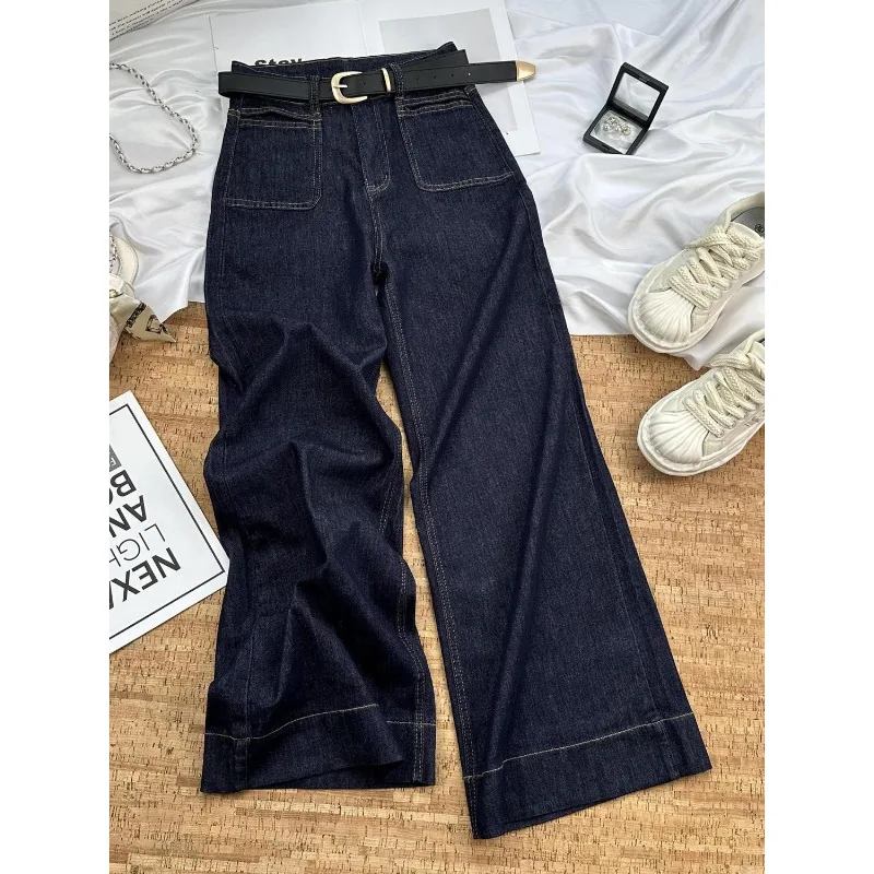 

Джинсовые синие широкие джинсы для женщин, осенние новые стильные утягивающие свободные драпированные узкие прямые брюки длиной до пола с высокой талией