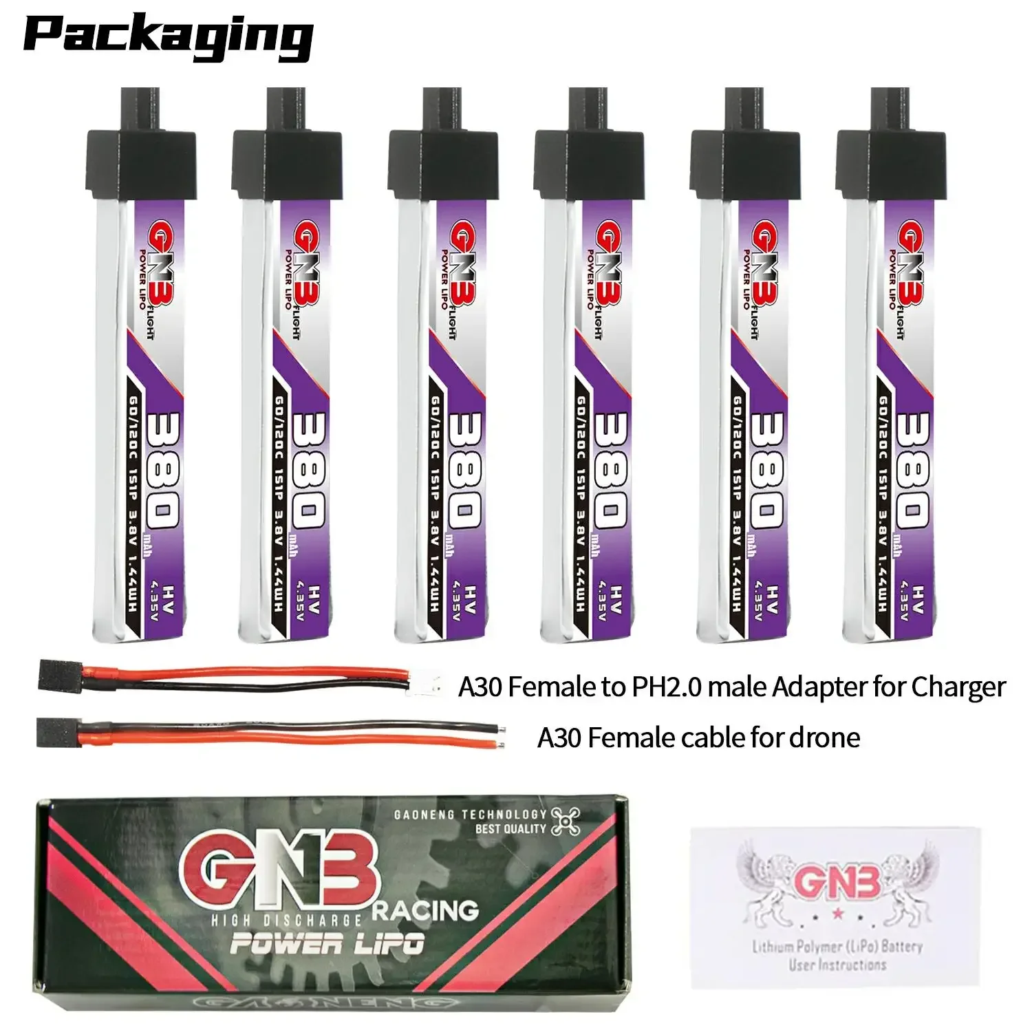 

6 X GAONENG 380mAh 1S 3.8V 60C A30 High Current Connector For Cetus FPV Kit RC Whoop Drone DIY Plug VS BETAFPV BT2.0 300mAh 1S