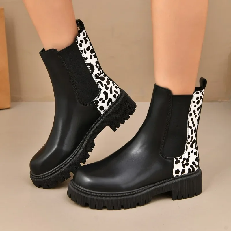 

Platform Leopard Print Boots Women's Season Autumn New Retro Round Toe Splice Slip Platform Soft Sole Kitten Heels