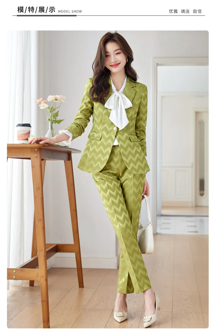 Green Wave Women Suits Set 2024 Formal Office Lady Jacket+Pants Black Khaki Cotton Blazer Trousers Spring Cotton Prom Dress