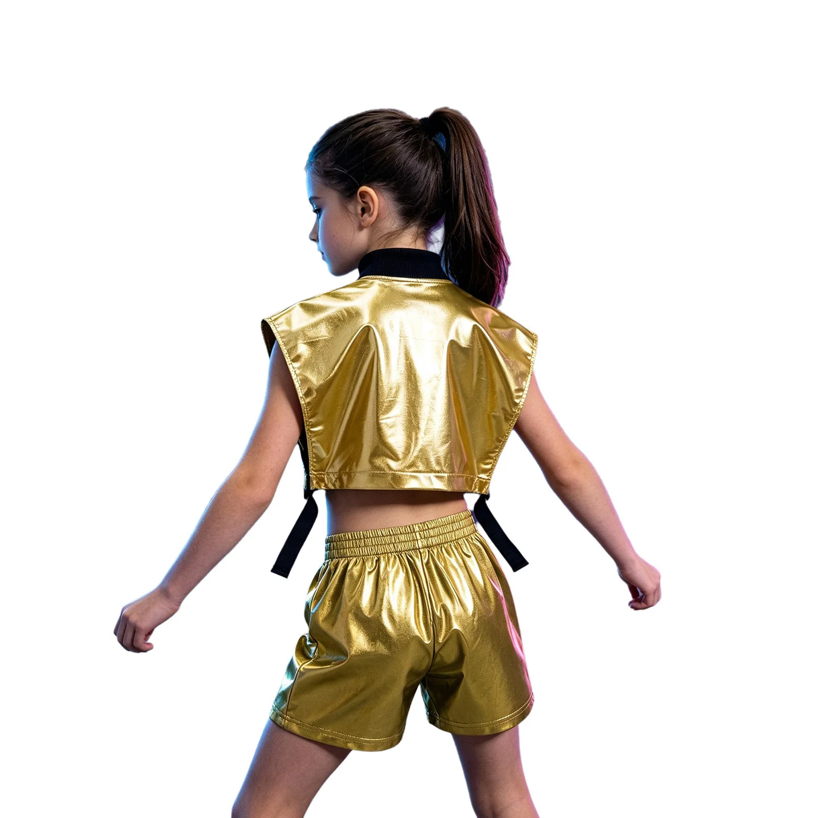 Kinder Mädchen Hip-Hop Jazz-Tanz-Outfit Aufführungskostüm mit seitlich geöffneter Metallweste mit Reißverschluss und seitlichen Druckknöpfen sowie glänzenden Shorts – Detail 22