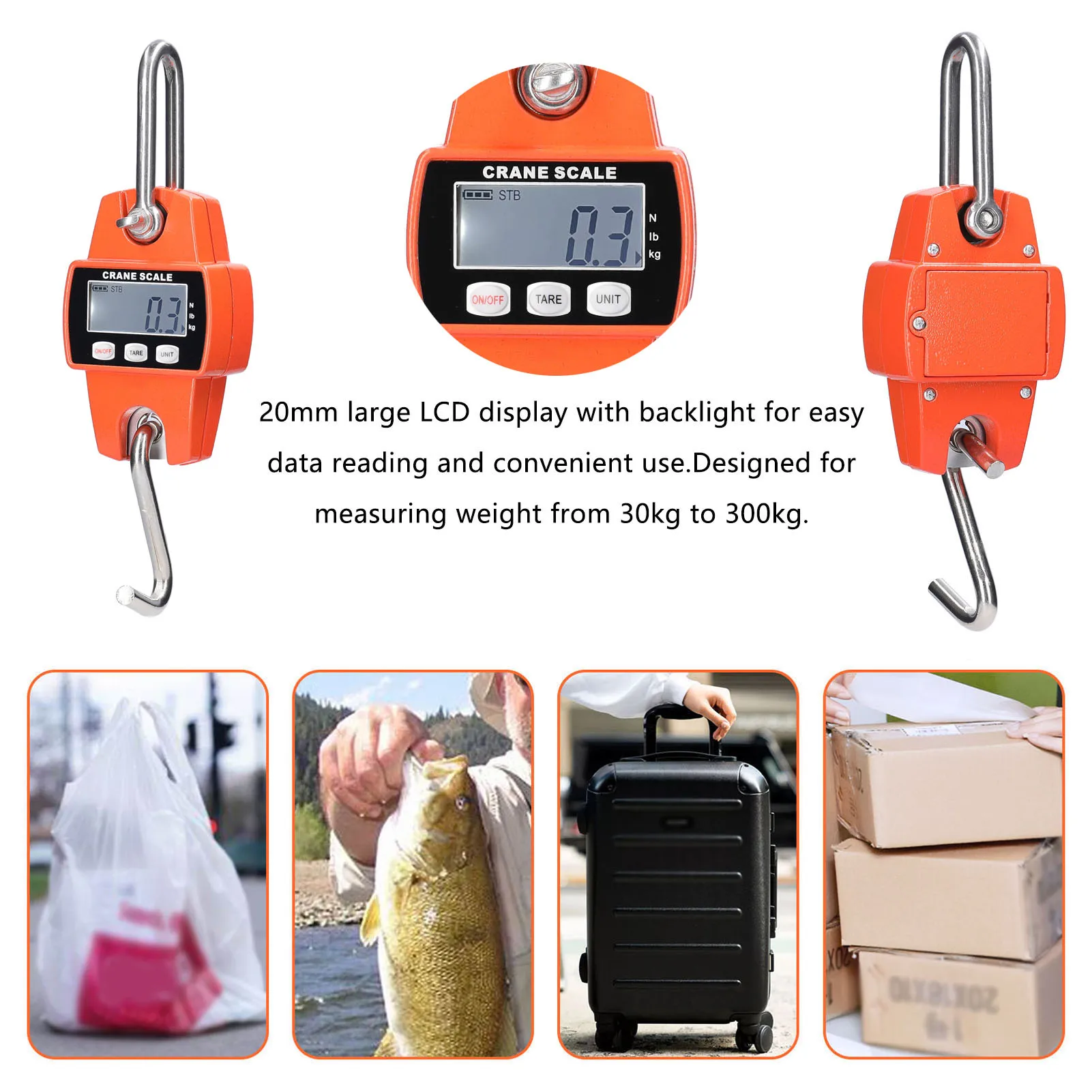 LCD Display Crane scale  LCD Digital 2-300kg Portable Industrial Electronic Heavy Duty Weight Hook Crane Hanging-Scale Scale