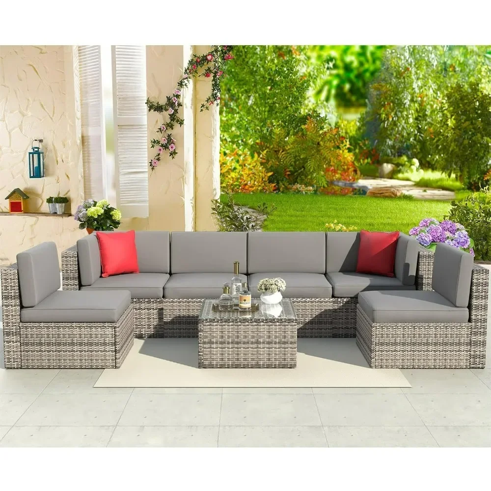 

7Pc Patio Furniture Set Wicker Rattan Conversation Set Outdoor Sectional Sofa Removable Cushions and Tempered Glass Coffee Table