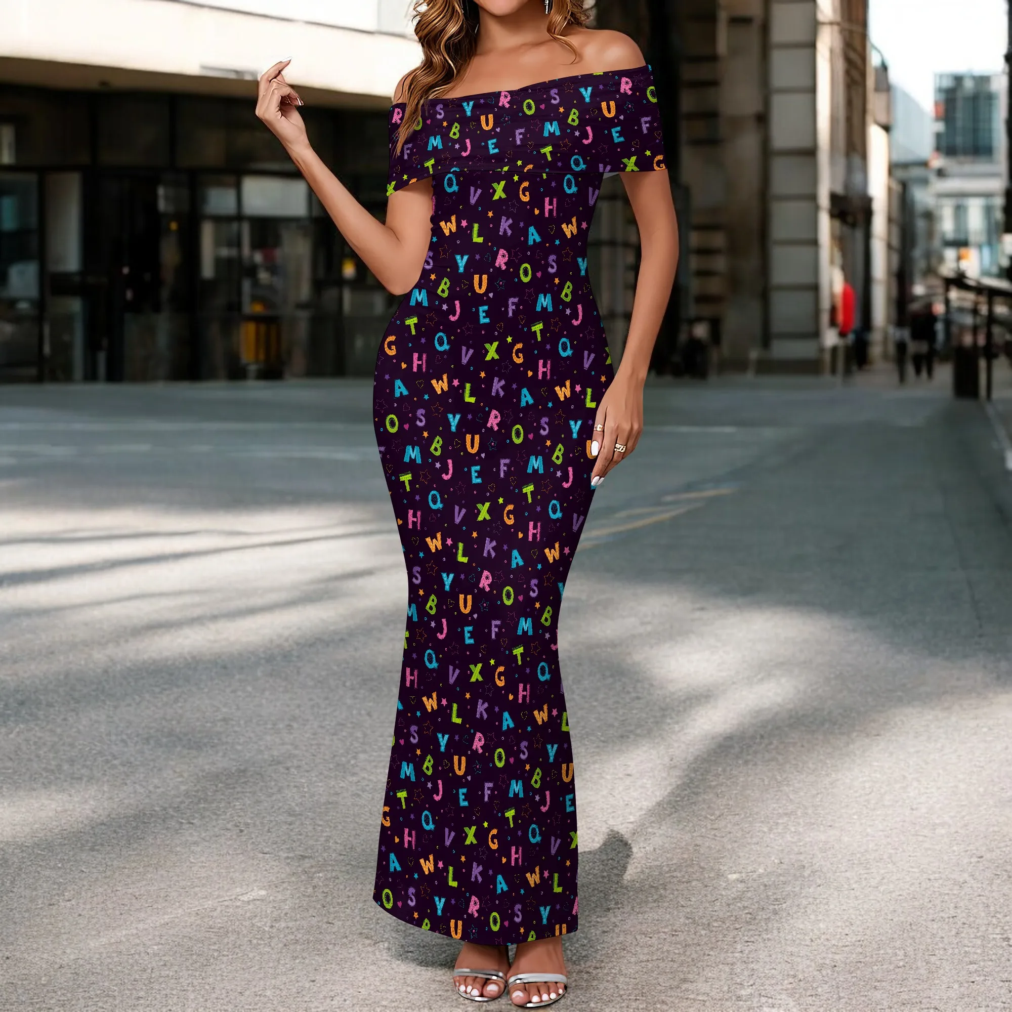

Trendy Women's Strapless Off Shoulder Long Dress XS-3XL Letter Print Comfortable