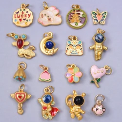 Vintage Girl Pendant 16pcs/Lot Mix Chinese Gold Color Enamel Astronaut Flower Butterfly Heart Bead Charm For Jewelry Making Bulk