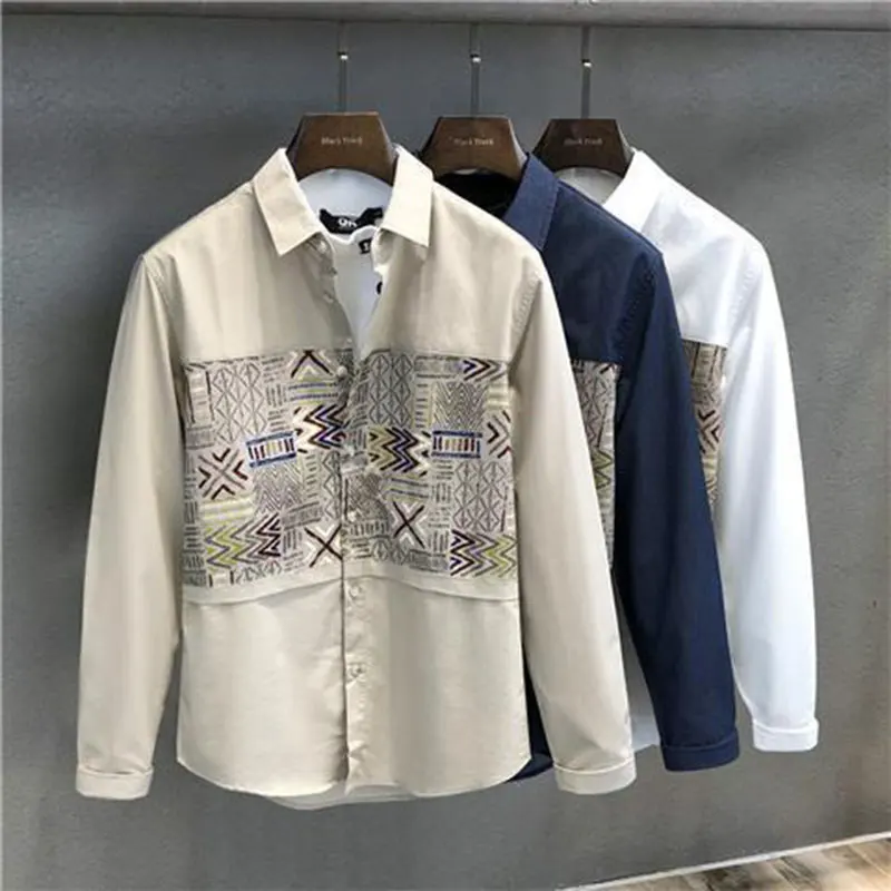 Elegant Fashion Harajuku Slim Fit Shirt Stand Collar Button Patchwork Long Sleeve Outerwear Loose Sport All Match Male Clothes