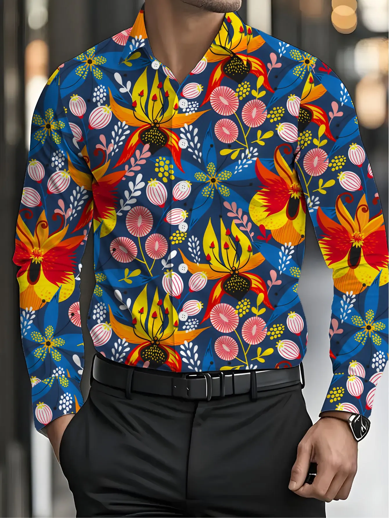 Men Long Sleeve Button Down Shirt Navy Base Tropical Exotic Floral Print Polyester Lapel Collar Vacation Party