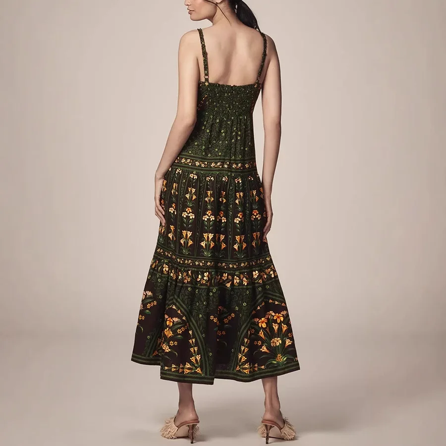 Boho Sling Long Dress Fashion Print Sleeveless Large Swing Party Evening Dresses Casual Retro Holiday Robe Women's Clothes 2025