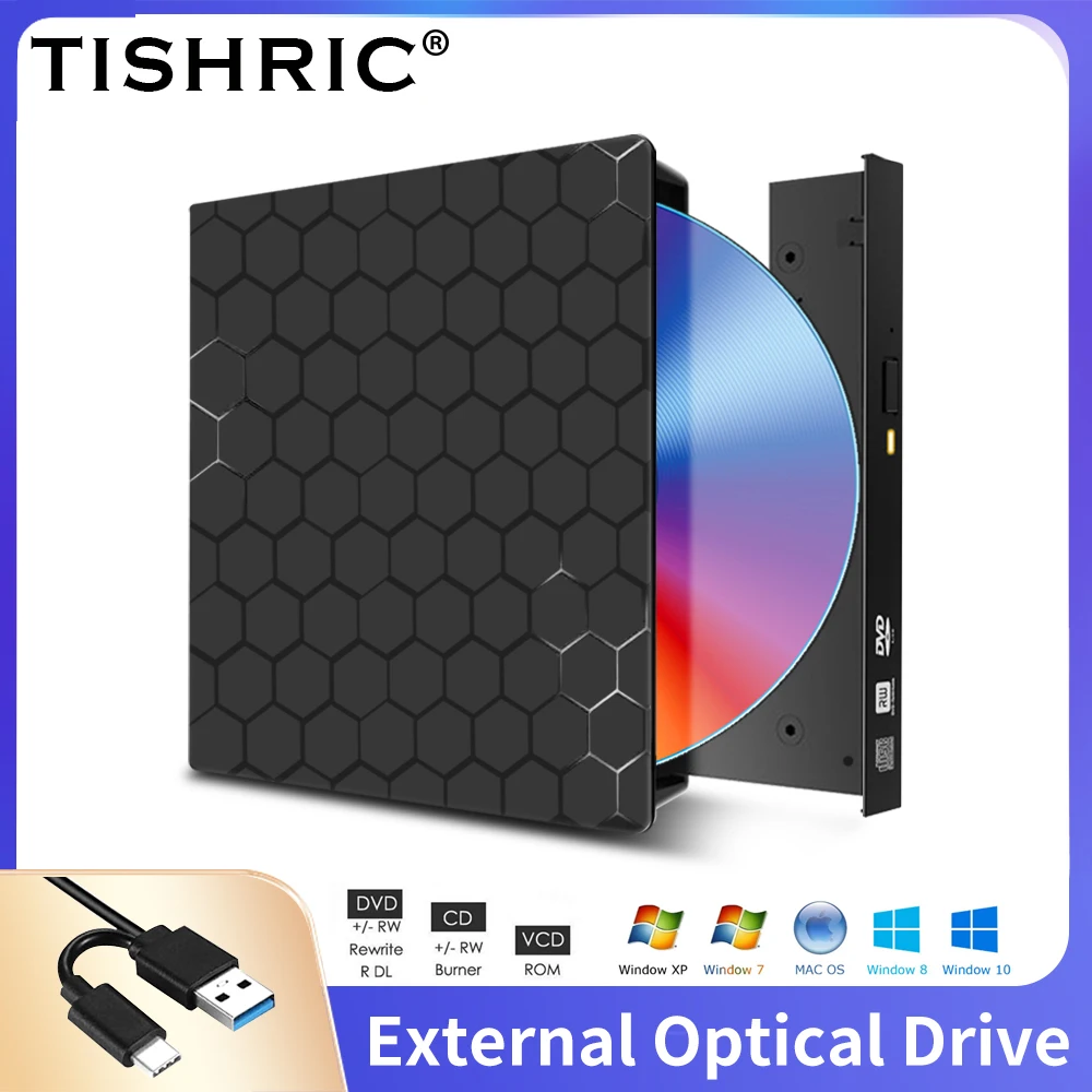 

【Hexagonal Design】TISHRIC External Optical Drive: USB Plug-and-Play Silent CD/DVD Burner, Compatible with Computers