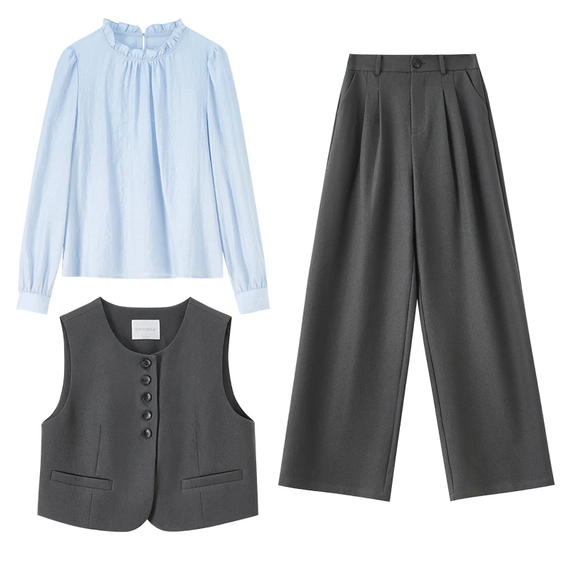 SENTUBILA Women's Suit 3 Piece Formal Jacket Vest Trouser Female Business Work Wear Set  Ruffle Pullover Blazer Set 153ZA1930