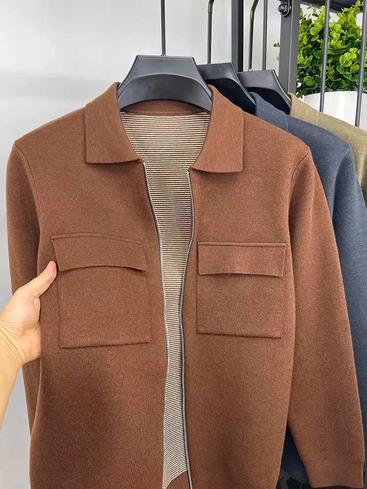 Męski kardigan z wełny z wysokiej jakości zamkiem błyskawicznym, luksusowy płaszcz na jesień/zimę z kieszeniami, jednolity kolor, ciepła kurtka swetrowa na co dzień.