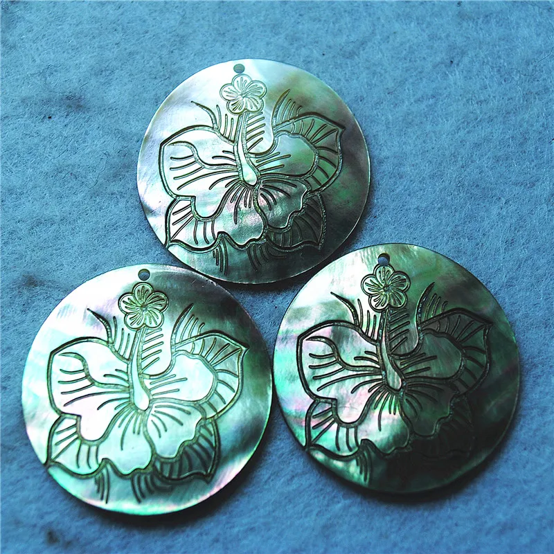 7PCS New Black Shell Pendants Flower Shape 35MM DIY Jewelry Accessories Hot Drawing Making Your Lovely Crafts