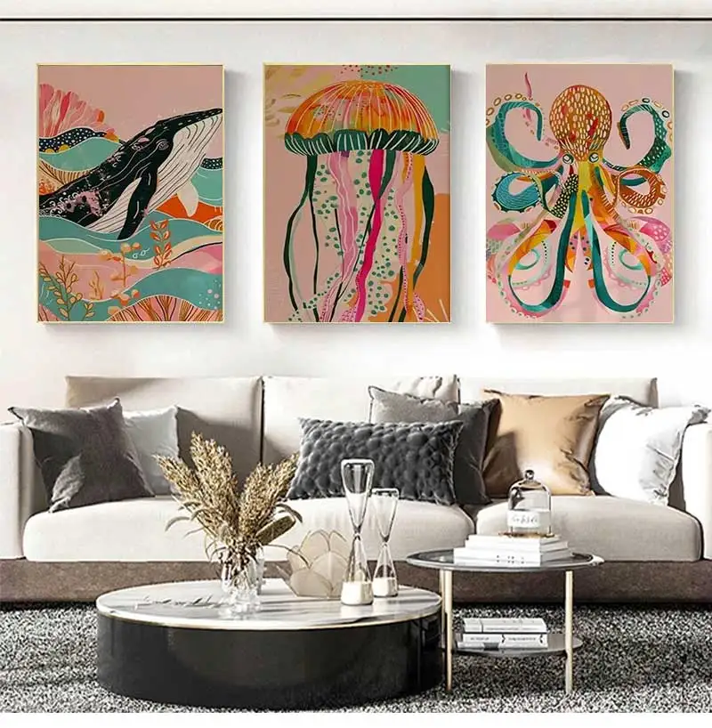 Ocean Animals Poster for Kids, Magical Pink Wall Decor Prints with Whale, Jellyfish, Octopus, Nursery & Kindergarten Wall Art
