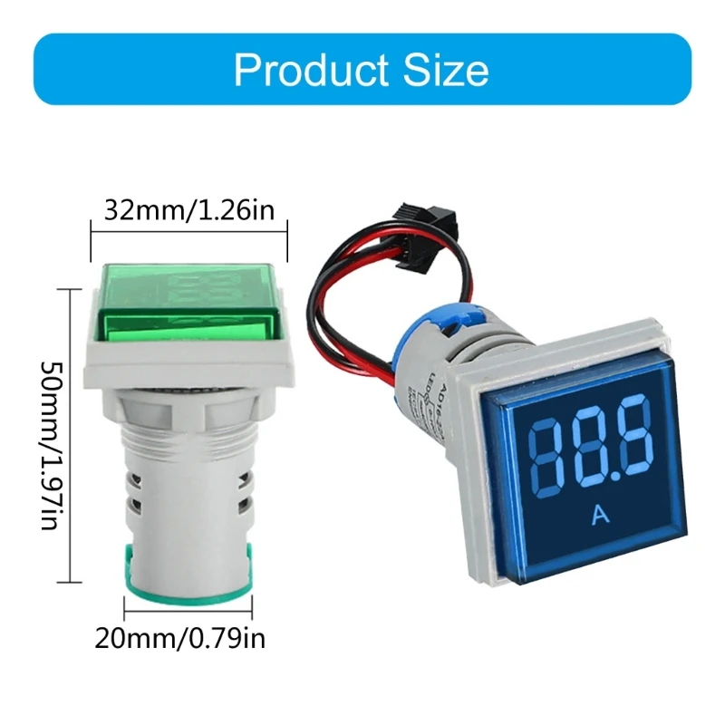 22mm Square Head LED Backlit Screen Current Tester Gauge 0-100A Current Detector Monitors AC100A Current Meter Ammeter