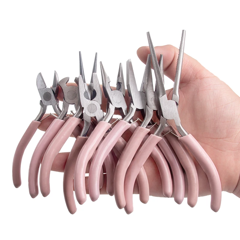 Portable Pink Color Stainless Steel Pliers Tools Set Round Nose Cutting Wire Plier Kit For Handcraft Beading DIY Jewelry Making