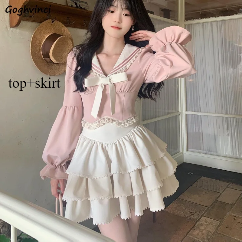 Women Sets Preppy Style Bow Long Sleeve Blouse Cake Puffy Skirt 2pcs Trendy Sweet Lovely Girls Spring Outfits Ulzzang Prevalent