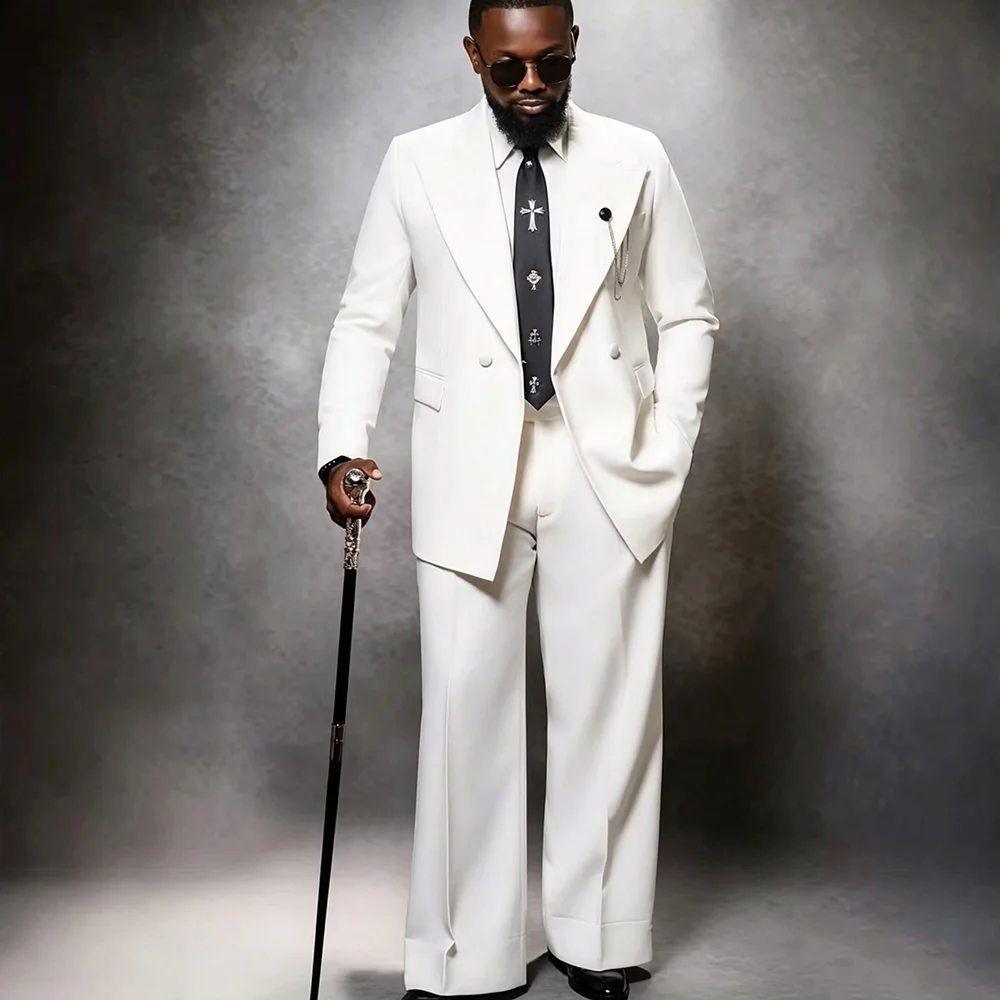 

White Men's Suits Elegant Groomsmen Wedding Tuxedos 2 Pieces Sets Peaked Lapel Blazers Formal Outfits With Jacket And Pants