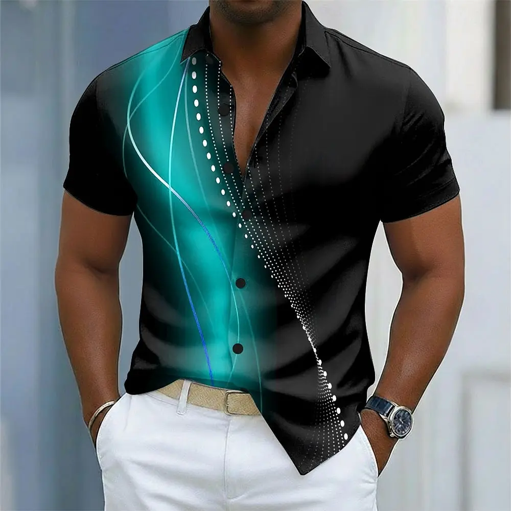 Men's Gradient Waves Geometric Shirt Button Up Short Sleeve 3D Print Turndown Shirt Black Red