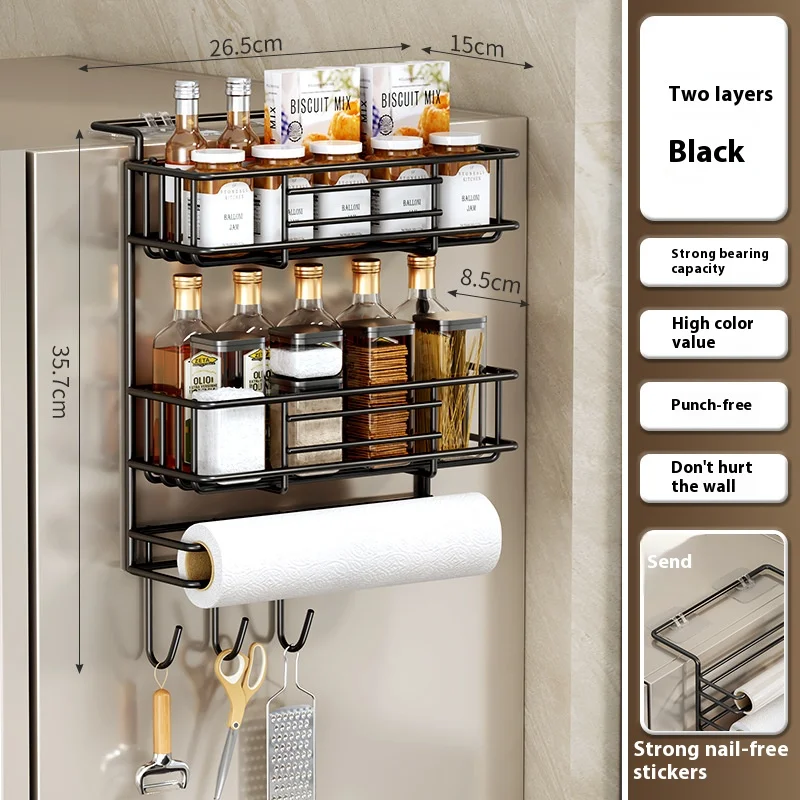 

Kitchens accessories Fridge Shelf Spice Storage Rack Refrigerator Side Shelf Black metal Household Kitchen Organizers Shelf