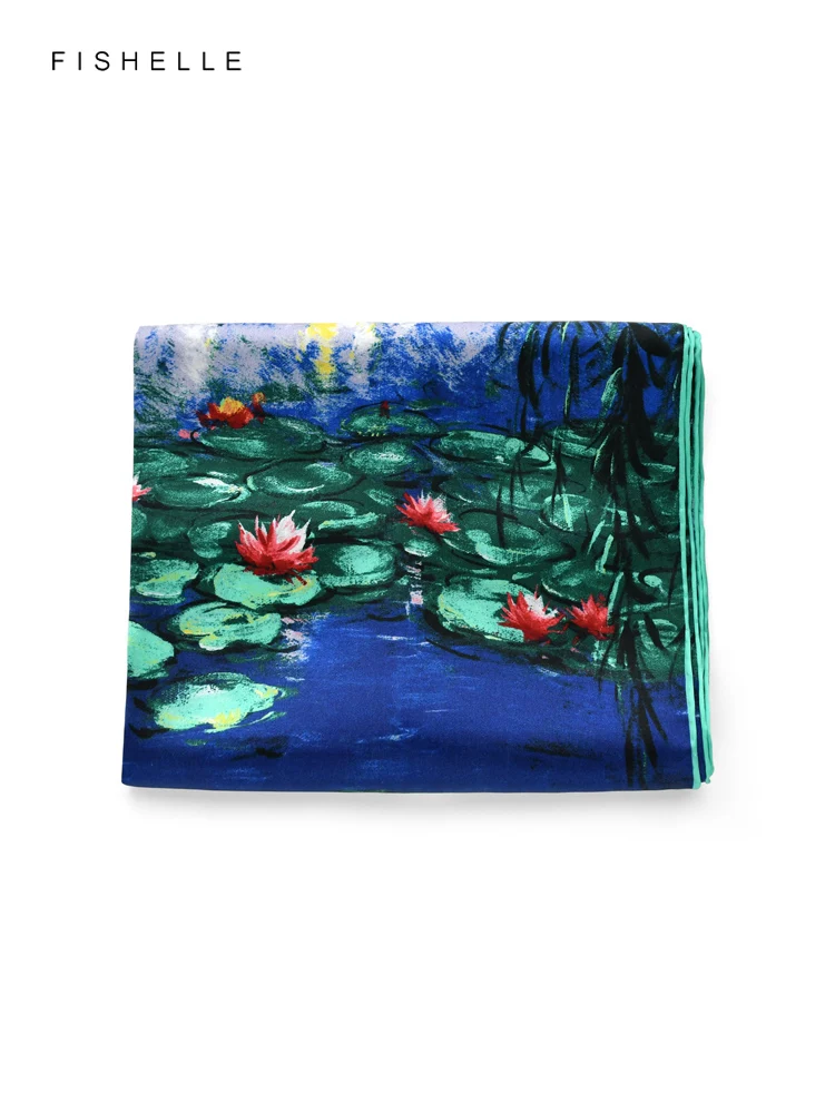 Dark blue willow water lily oil painting silk scarves women spring autumn natural silk long scarf ladies shawl