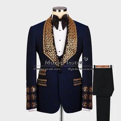 Luxury Groom Wear Wedding Tuxedo Gold Gemstone Beaded Jacket Pants 2 Pieces Men's Suits Fit Slim Man Fashion Jacquard Clothing