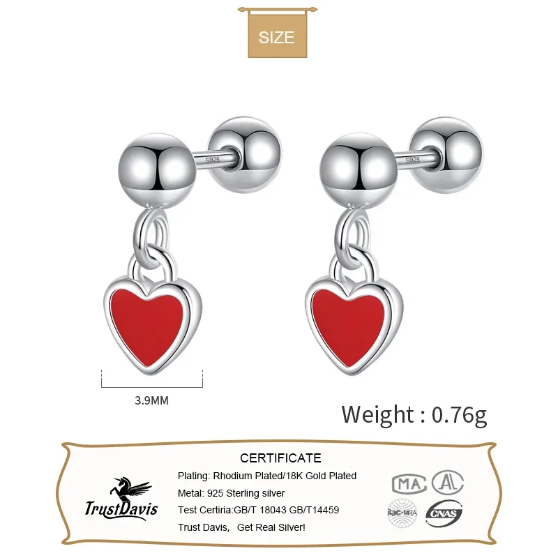 TrustDavis Real 925 Sterling Silver Heart Dangle Screw Stud Earrings For Women Wedding Fine Colour Glaze Heart Jewelry DA2734