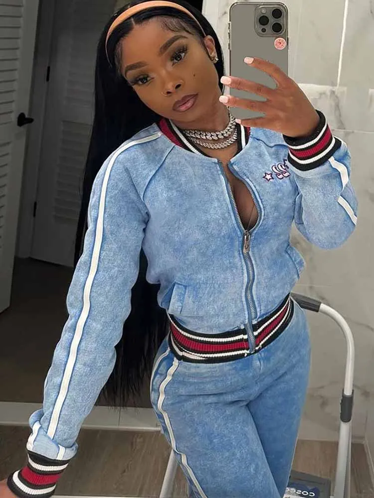 

BKQU Tie Dye женский спортивный костюм комплект из 2 предметов повседневная полосатая лоскутная куртка на молнии с длинными рукавами + брюки-клеш одинаковые наряды Y2k осень