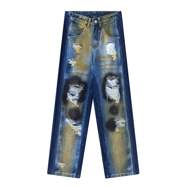 

Vintage Hi Street Ripped Jeans Pants Washed Loose Streetwear Denim Trousers For Male
