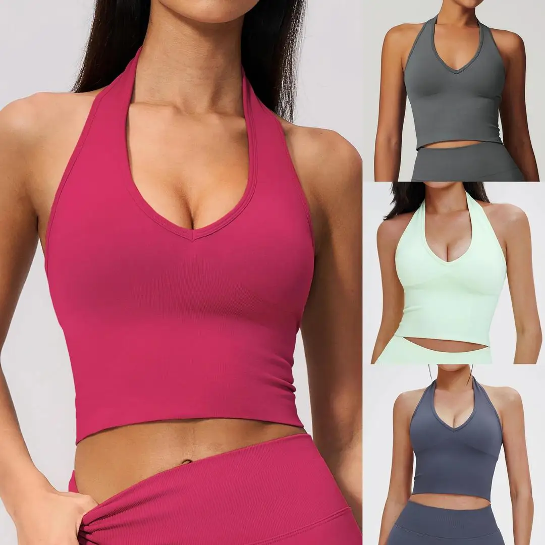 A Gym Halter Top Woman Longline Strappy Tank Padded Yoga Clothing Fitness Workout Running Activewear Pilates Clothes