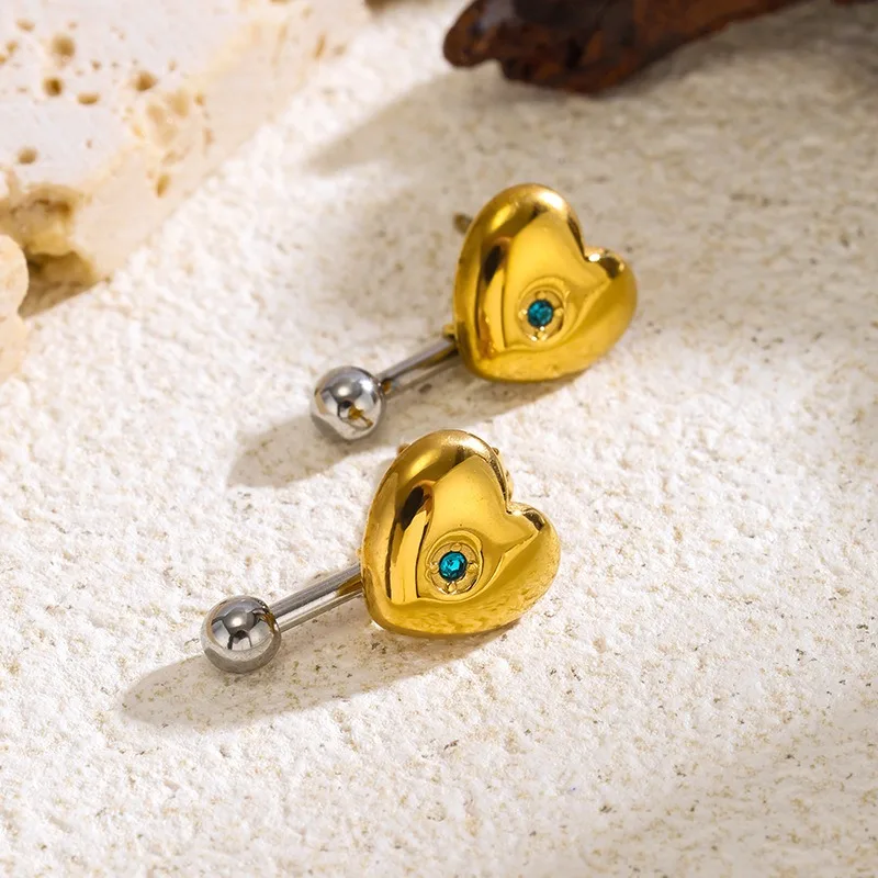 Aesthetically refined heart-shaped spiral stud earrings, blue zircon pierced jewelry, trendy must-have earrings for women.